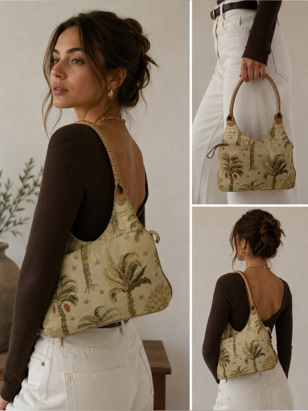 Tommy Bahama Tapestry Shoulder Bag Leather Strap & Details Palm Trees Summer